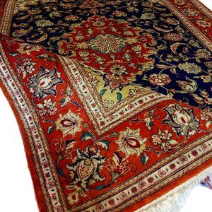 Antique 1940 Blue Red 5x3 Persian Urmi Qum 528 KPSI Rug 100% Silk Pile Silk Base